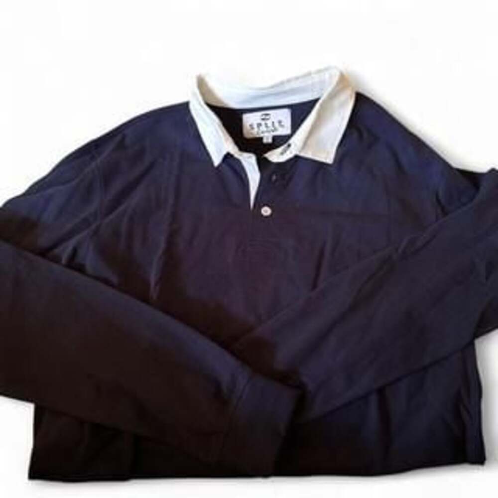 Split Coast Navy Blue Long Sleeve Polo Shirt with Spike Detail - Men's M